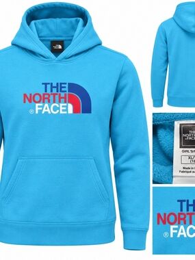 The North Face Girls' Turquoise Blue Logo Hoodie with Red & Navy Accents